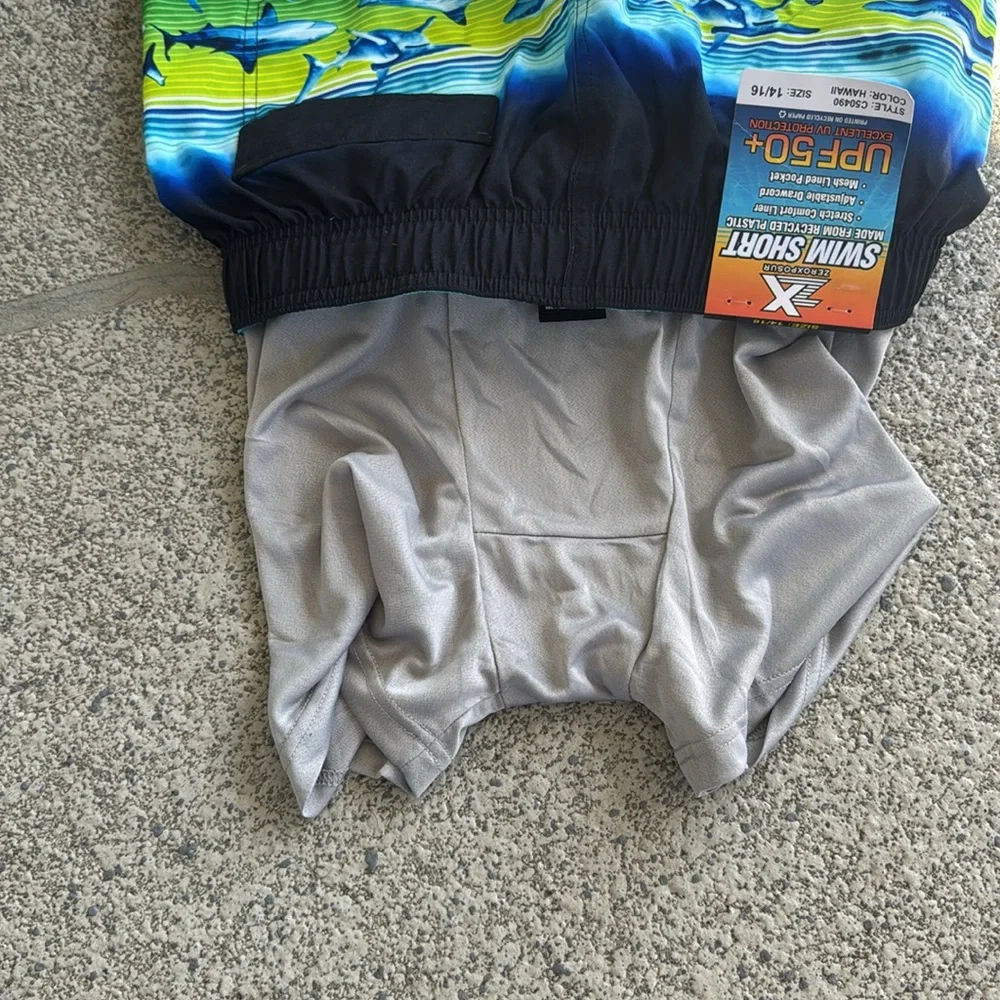 Zero Xposur blue green shark print swim trunks and goggles set size 14/16